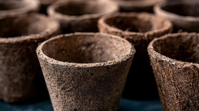 Close up of biodegradable seedling pots made from coconut fiber  arranged in rows with natural texture and earthy tones