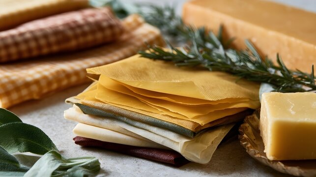 Stacked beeswax wraps with fresh herbs and cheese  showcasing eco friendly food storage in a rustic kitchen setting