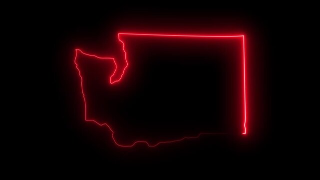 Washington state map outline with glowing red neon light effect animation