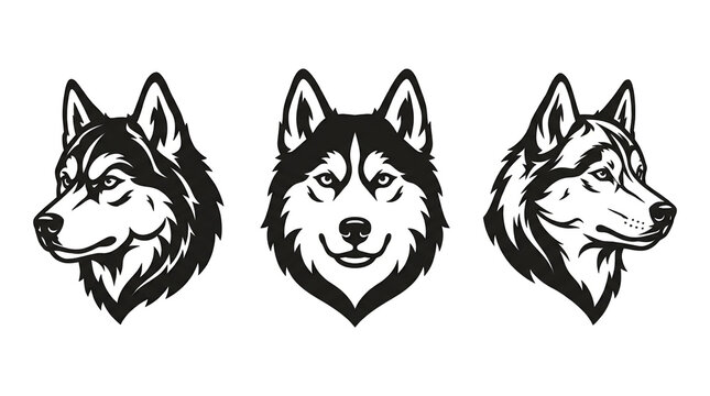 Siberian husky head portrait set isolated on transparent background