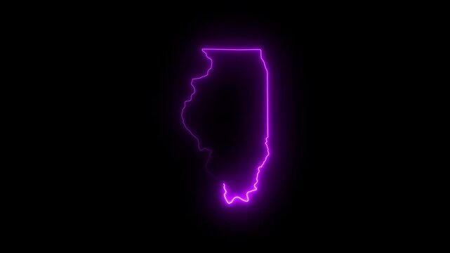 Neon glowing illinois state map outline, vibrant purple digital border animation