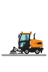 Fototapeta premium Orange and black industrial street sweeper truck vector illustration cleaning road curb in side view flat cartoon style isolated on white background municipal sanitation vehicle