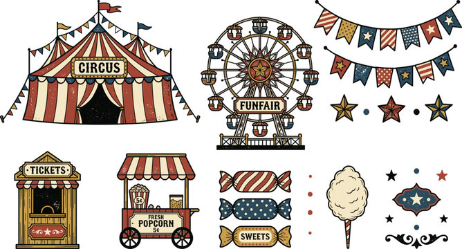 Vintage circus and funfair illustration set featuring big top tent ferris wheel popcorn cart ticket booth and sweets vector design