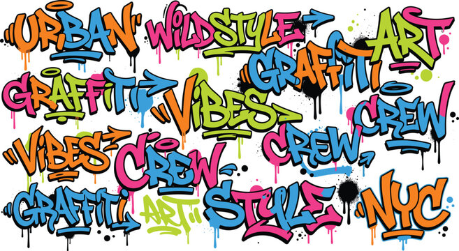 Colorful Graffiti Text Font Set with Urban Style Bubble Lettering Splatters and Drips for Streetwear Apparel T-Shirt Prints and Hip Hop Event Promotional Graphics