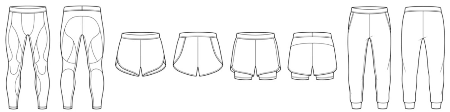 Set of leggings, shorts and joggers technical fashion illustration with high waist, compression, double layer. Flat gym apparel template front, back, outline. Women, men CAD mockup