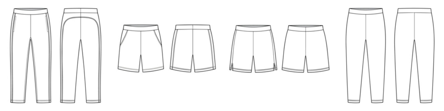 Set of track pants, leggings and sports shorts technical fashion illustration with side panels, elastic waist. Flat athletic apparel template front, back, white color. Women, men CAD mockup