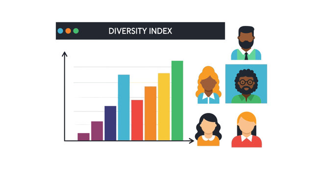 Corporate Diversity Index Dashboard Illustration with Colorful Bar Graph and Diverse Team Avatars for HR Analytics