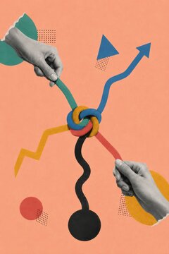 Untangling competing priorities, a knot of directions pulled by two hands to illustrate negotiation, complexity and problem solving