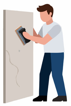 Hand-traced vector illustration of a drywall installer sanding a plasterboard wall with a sanding block, flat style construction worker icon for renovation projects