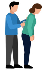 Obraz premium Hand-traced vector illustration of therapist applying heating pad treatment to patient's back in clinical wellness session with minimalist flat character design and soft palette