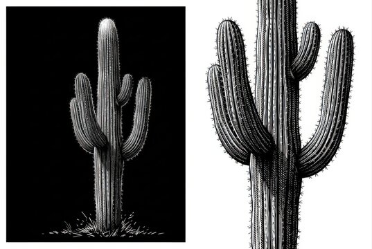 Saguaro cactus engraving in black and white