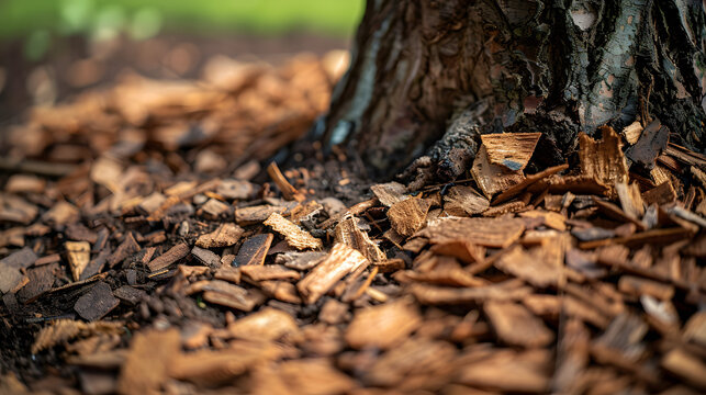 Close-up of wood mulch and bark chips covering soil around a tree trunk