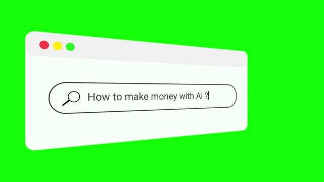 Browser window with search bar typing how to make money with AI on green screen.