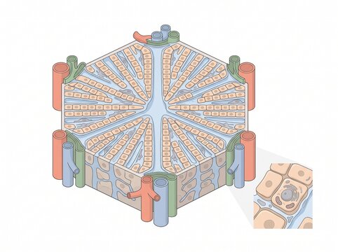 Structure of a liver lobule showing hepatocytes, sinusoids, central vein, and portal triad in a scientific 3D cross-section illustration