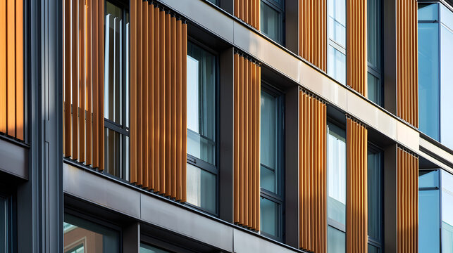 Modern architectural building facade with vertical wooden louvers and sunshades