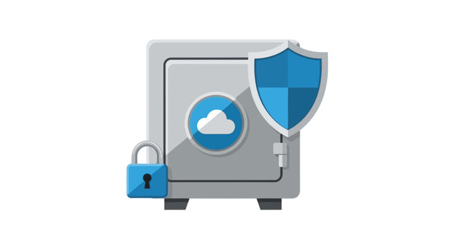 Cloud Security and Data Protection Concept Illustration - Safe Vault with Shield and Padlock for Cyber Security