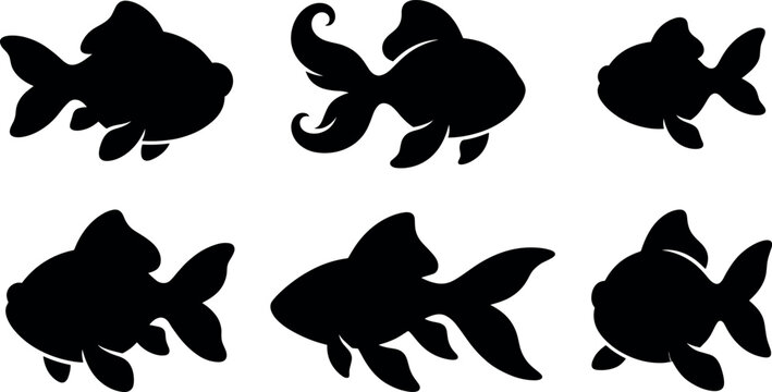 Goldfish Silhouette Vector Icon Set Featuring Various Fancy Aquarium Fish Breeds and Swimming Poses for Marine Theme Graphics Pet Shops and Seafood Brandings