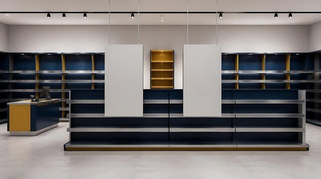 Modern retail store interior with empty shelves and display counters.