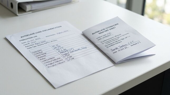 Autoclave load documentation resting beside a folded technician sign-off sheet &ndash; CSSD & sterile processing department