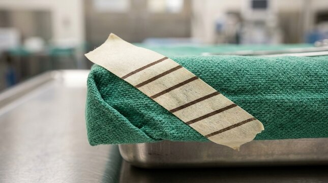 Chemical indicator tape resting on a wrapped instrument tray corner &ndash; CSSD & sterile processing department