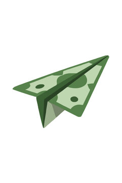 Hand-traced vector illustration of green paper money bill folded into the shape of a paper airplane flying upward, symbolizing financial freedom, smart investing, wealth transfer, and creative