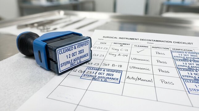 Instrument cleaning verification stamp resting beside a completed decontamination checklist &ndash; CSSD & sterile processing department