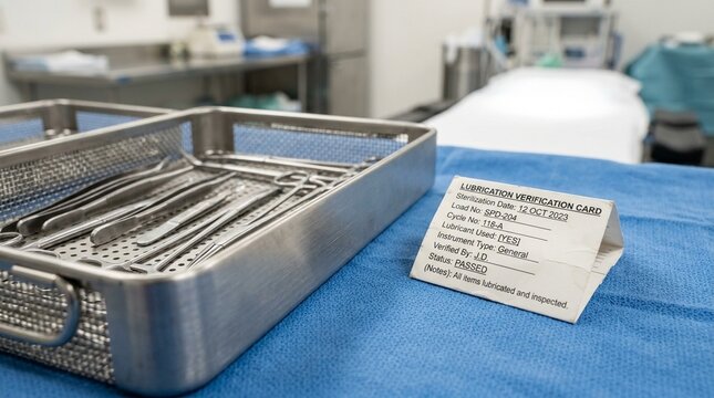 Cleaned instrument tray resting beside a folded lubrication verification card &ndash; CSSD & sterile processing department