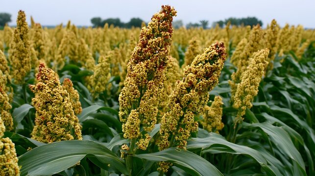 A field of tall golden sorghum plants with dense clusters of grains  set against a soft overcast sky with distant trees
