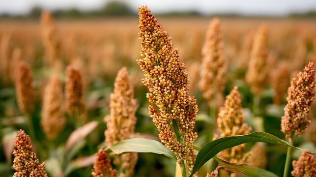 A close up of a mature sorghum plant with golden brown grains  standing tall in a field under soft natural light