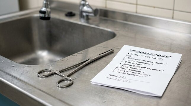 Surgical forceps resting on a decontamination sink beside a folded pre-cleaning checklist &ndash; CSSD & sterile processing department
