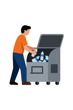 Hand traced vector illustration of a worker in an orange shirt crushing empty plastic bottles inside a gray industrial compactor bin, flat cartoon character performing recycling waste management task