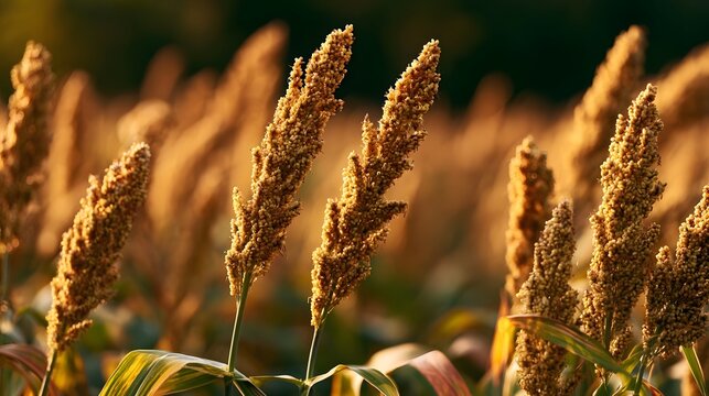 Golden sorghum stalks stand tall in a sunlit field  their dense grains catching warm light against a softly blurred background