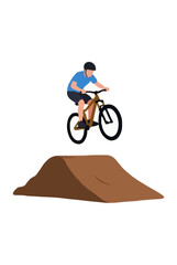 Fototapeta premium Hand-traced vector illustration of a mountain biker performing a midair stunt, soaring above a rugged dirt ramp in a clean flat design style perfect for sports graphics