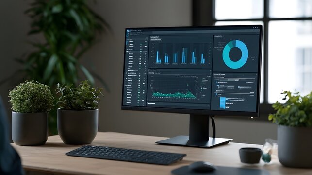 Modern computer monitor displaying data analytics dashboard with charts and graphs on a wooden desk surrounded by potted plants