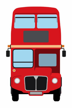 Classic red double-decker bus front view isolated on white background, vibrant retro British icon design, clean hand-traced vector illustration with vivid crimson body, lit windows, and round
