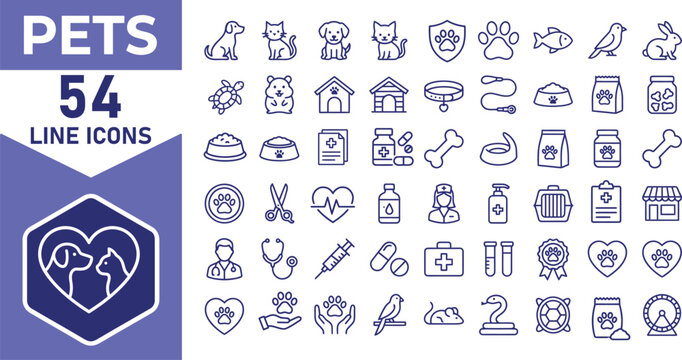 Extensive collection of fifty four simple line vector icons representing various domestic pets and animal care