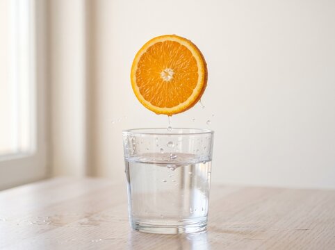Fresh orange slice floating above a glass of water