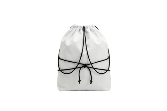 Plain white drawstring backpack with black cord straps and knotted detail isolated on a transparent background