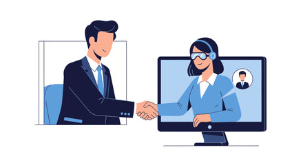 Fototapeta premium Virtual Business Meeting Handshake Illustration: Digital Collaboration, Remote Work, and Metaverse Technology Concept for Corporate Communication