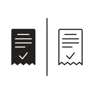 Receipt checkmark document outline and black fill icon set with document checkmark approved