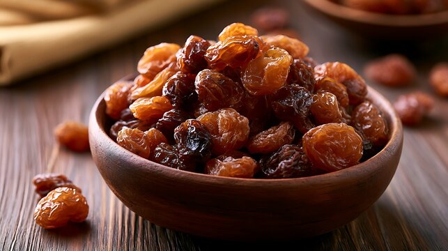 Awesome photo of bowl of dried raisins on a rustic wooden table.