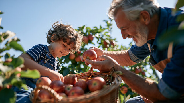 A european grandfather in his seventies picking apples together with his young grandson filling a wicker basket seen from behind among the sunlit orchard rows bright clear autumn sky