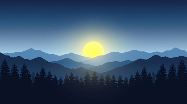 Minimalist blue mountain landscape with yellow sunrise