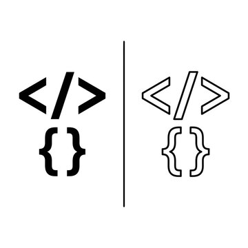 Programming code symbols outline and black fill icon set with programming development software