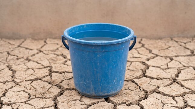 Plastic Bucket with Precious Fresh Water on Dry Cracked Earth