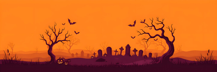 Fototapeta premium Spooky Halloween banner background with a scary graveyard, dead trees, flying bats, and glowing jack-o-lantern pumpkins against an orange sky