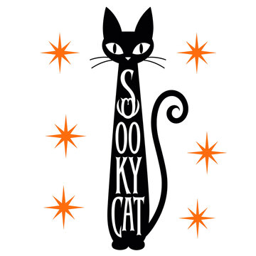 Slender spooky black cat character with embedded typography and glowing orange star accents halloween cat orange stars halloween illustration retro cat vintage graphic cute animal