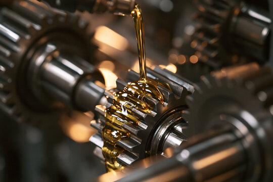 Golden lubricating oil is pouring onto precision metal gears in an industrial machine. Mechanical maintenance concept for heavy engineering and automotive parts.