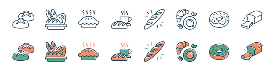 Fototapeta premium Collection of bakery icon line set sweet dessert cake, pastry, bread, pie, croissant signs vector illustration