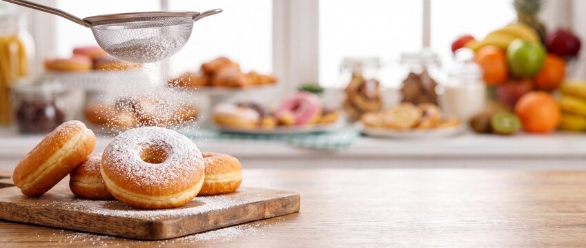 A close-up action shot of powdered sugar being sifted from a metal strainer over a pile of fresh, golden donuts on a wooden board, with a colorful bakery background.